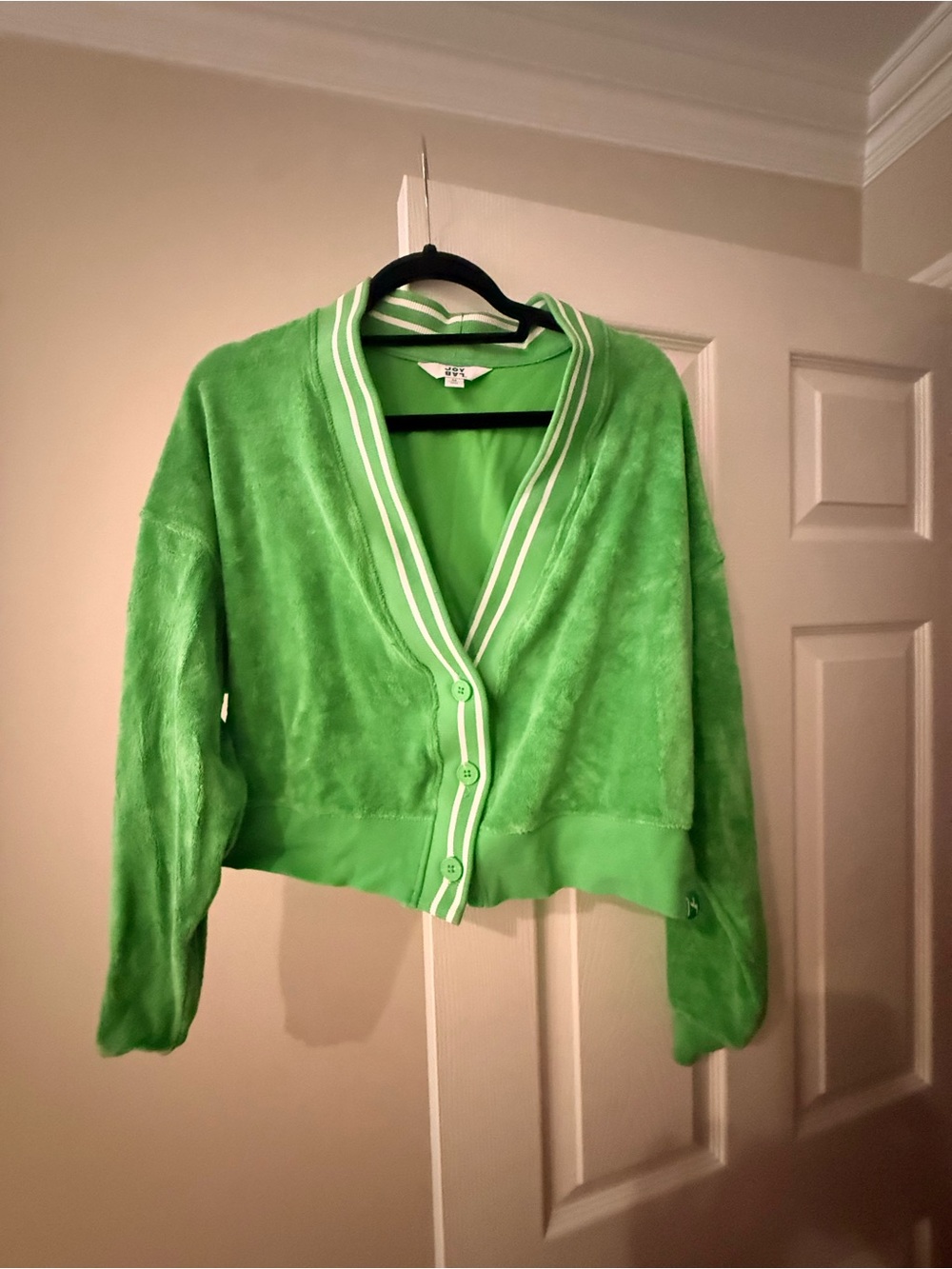 JoyLab Bright Green V-Neck Button Cardigan with Striped Trim